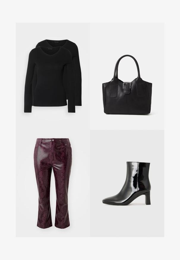 Duas camisetas pretas de manga longa com design em V, feitas de um tecido macio e elástico, apresentando uma textura suave e um formato ajustado.; Calças em pele sintética bordeaux com padrão de pele de cobra, design justo e pernas retas. Apresenta uma cintura e fecho frontal com botão.; Botim de tornozelo em pele sintética preta com bico apontado e salto bloco de altura média. Textura suave e design minimalista.; Bolsa tote de couro preta com textura suave, forma estruturada, duas alças e um destaque prateado proeminente na parte da frente.