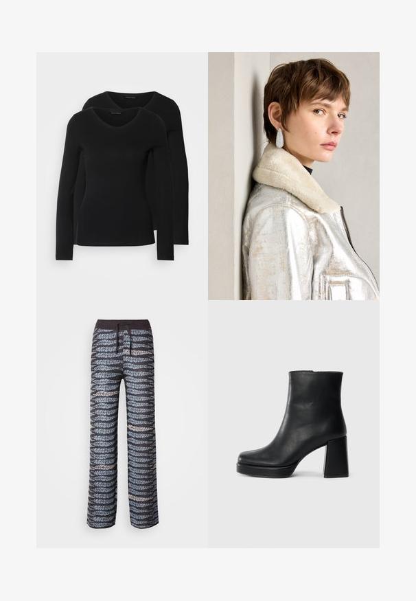 Dvoje čiernych košieľ s dlhým rukávom a výstrihom do V, vyrobených z mäkkej a elastickej látky, s jemnou textúrou a priliehavým strihom.; Ľahké nohavice s vzorom, ktoré majú tmavý základ s striedajúcimi sa modrými a sivými motívmi listov, elastický pás a šnúrku na stiahnutie.; Čierne kožené členkové topánky s blokovým podpätkom a platformovou podrážkou, zobrazené z boku na bielom pozadí.; Strieborná metalická kožená bunda s ovčím golierom, ktorá má zips a štruktúrovaný povrch. Veľké slzovité náušnice s priehľadnými drahokamami.