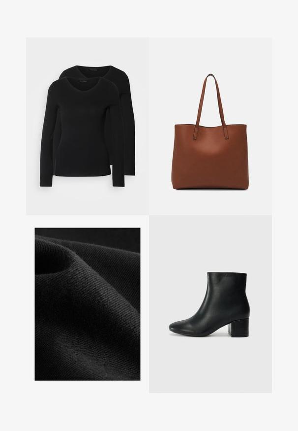 To sorte langærmede t-shirts med V-hals-design, lavet af blødt, strækbart stof, som viser en glat tekstur og en tætsiddende pasform.; Sort stof med en glat tekstur og en subtil glans, med et diagonalt vævemønster og en blød, fleksibel fald.; Sorte læder ankelstøvler med spids tå og en kraftig hæl. Glat tekstur med minimale detaljer og et slankt, tætsiddende design.; Brun læder tote taske med en glat overflade, åben topdesign og to skulderremme. Har minimal syning og ingen synlig hardware.