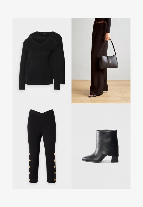 Dve črne majice z dolgimi rokavi in V-izrezom, narejene iz mehkega in raztegljivega materiala, ki prikazuje gladko teksturo in prilegnjeno obliko.; Črne capri hlače s prilegajočim krojem, ki imajo rebrast pas in zlate gumbne dodatke ob zunanjih straneh nog.; Črne usnjene gležnjarje z izostrenim prstom, gladko teksturo in trdnimi blokastimi petami. Imajo visok, zložen manšeti.; Črna torbica z strukturirano obliko, gladko teksturo in kovinskim zaponko. Ujemajo se z širokimi črnimi hlačami in odprtimi sandali na lesenem tleh.