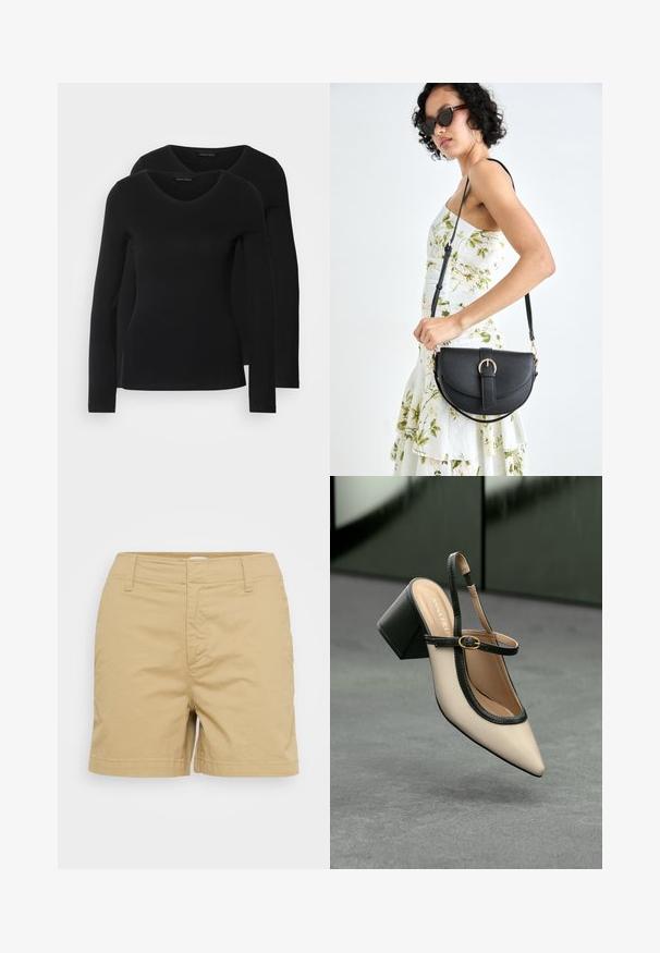 Dva crna majice dugih rukava s V-izrezom, izrađene od mekanog, rastezljivog materijala, s glatkom teksturom i prilagođenim oblikom.; Kratke pamučne hlače u bež boji s krojem, koje imaju prednje džepove i petlje za remen, glatku teksturu i ravnu obrub.; Bež cipele s otvorenom petom i šiljastim vrhom, crnim obrubom, zlatnom kopčom i debelim blok-petom na sivom podu s tamnozelenom pozadinom.; Crna kožna torba s lukovitim oblikom, odvojivim remenom i zlatnim detaljima. Torba ima preklop s kopčom.