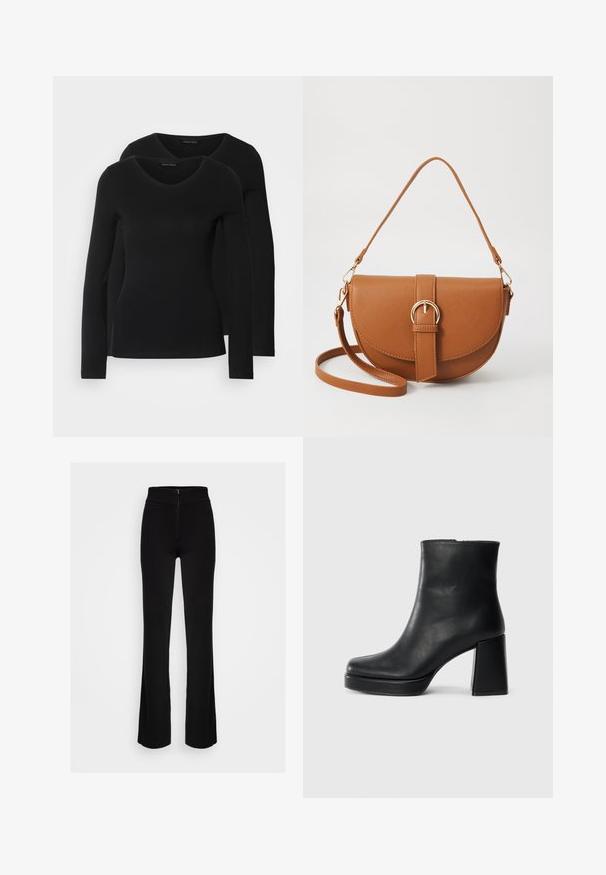 To svarte langermede skjorter med V-halsdesign, laget av mykt, elastisk stoff, viser jevn tekstur og en tettsittende fasong.; Svart flagrende bukser med høy midje og glidelås foran. Laget av glatt, strekkbart stoff for komfort og bevegelighetsfrihet.; Sorte skinnankelsko med blokkhæl og plattformsåle, sett fra siden på en enkel hvit bakgrunn.; Brun lærcrossbody-veske med en buet form, gullhardware og et spenneakcent. Har en avtakbar skulderreim.