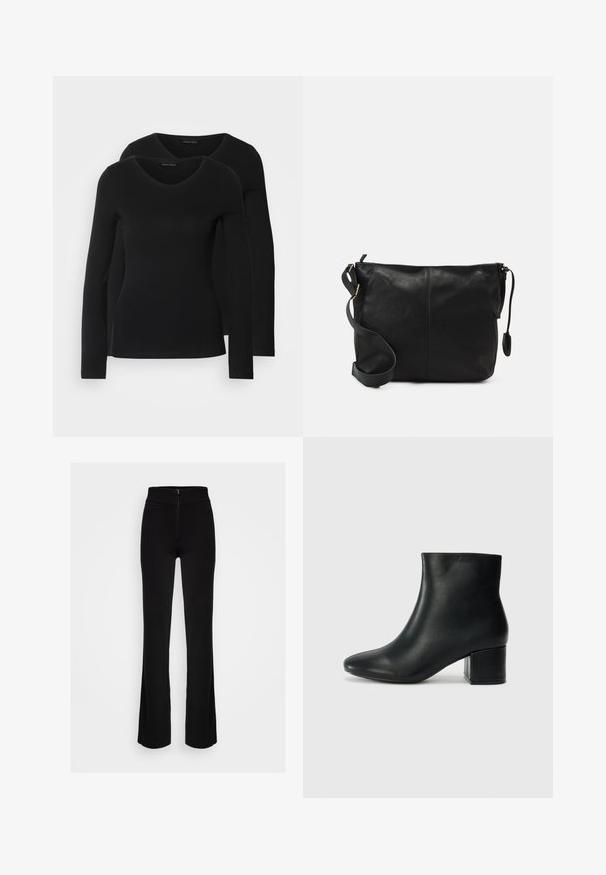 Två svarta långärmade tröjor med V-ringning, tillverkade av mjukt, stretchy tyg, som visar en slät textur och en figursydd form.; Svarta utsvängda byxor med hög midja och frontdragkedja. Tillverkade av ett mjukt, elastiskt tyg för komfort och rörelsefrihet.; Svarta läderankelstövlar med spetsig tå och kraftig klack. Slät textur med minimala accenter och en stilren, åtsittande design.; Svart läder crossbody-väska med en platt form, guldhardwaredetaljer och en justerbar rem. Slät textur med minimala sömnadsdetaljer.