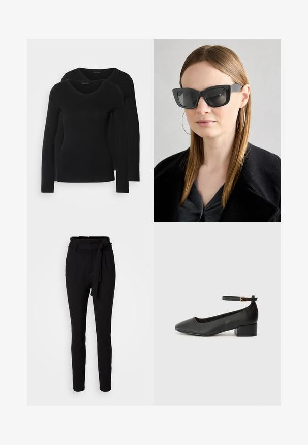 Two black long-sleeve shirts with a V-neck design, made of soft, stretchy fabric, showing smooth texture and a fitted shape.; Black trousers with a high waist and a tied belt detail. Made of soft fabric, featuring a smooth texture and tapered leg design.; Black leather pump with a pointed toe and a low block heel. Features an ankle strap with a gold-tone buckle. Smooth texture.; Black cat-eye sunglasses with dark lenses, thick frames, and subtle accents. Worn with a black coat and gray top, featuring long straight hair.