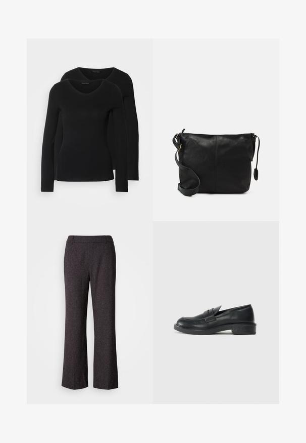 Du į juodas ilgomis rankovėmis marškiniai su V formos iškirpte, pagaminti iš minkštos, tamprios medžiagos, rodantys lygią tekstūrą ir prigludusią formą.; Mos Mosh SVALA - Kelnės - black; Juodi odiniai mokasinai su apvalia nosimi, siuvinėtu raštu ir nedideliu kulnu. Lygus paviršius ir lanksti guma. ; Juodas odinis per petį nešiojamas krepšys plokščia forma, su auksiniais detalių akcentais ir reguliuojama juosta. Lygi tekstūra su minimaliais siuvimo elementais.