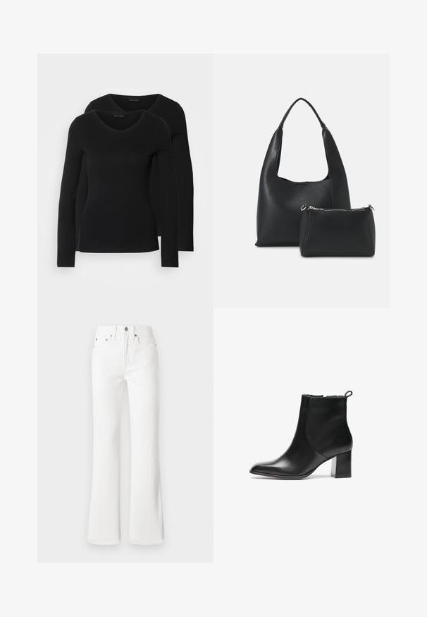 Dos camisetas negras de manga larga con diseño de escote en V, confeccionadas en una tela suave y elástica, que muestran una textura lisa y una forma ajustada.; Vaqueros blancos de campana en tejido de algodón, con cintura alta, bolsillos frontales y un cierre de botón con cremallera. Acabado suave y texturizado.; Botín negro de cuero hasta el tobillo con punta redonda, tacón bloque de altura media y una tira en la parte trasera. Textura suave, diseño minimalista.; Even&Odd Bolso de mano - black
