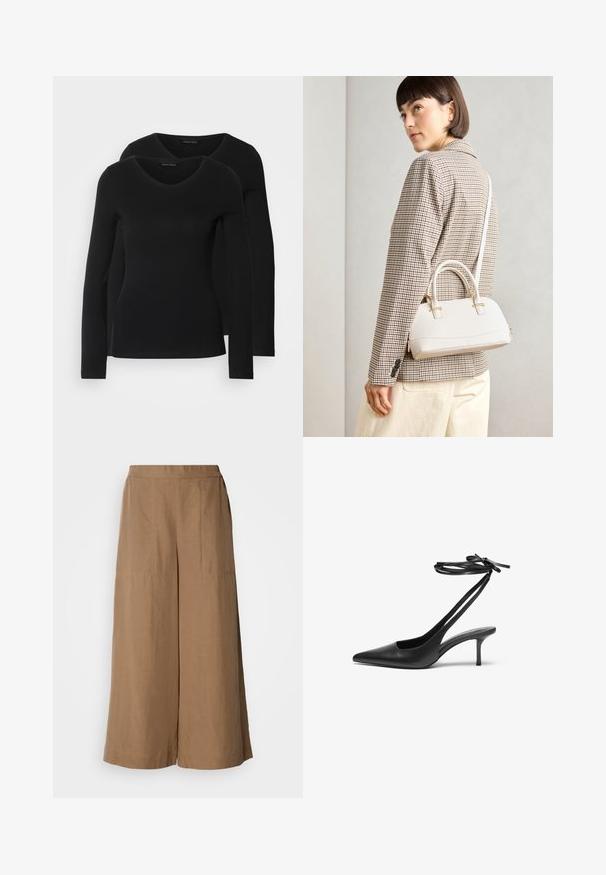 Kaksi mustaa pitkähihaista paitaa V-aukkolla, valmistettu pehmeästä ja joustavasta kankaasta, joka osoittaa sileää tekstuuria ja istuvaa muotoa.; Valkoiset leveälahkeiset housut vaaleanruskeasta kudotusta kankaasta. Ominaisuuksiin kuuluu korkea elastinen vyötärönauha, sivutaskut ja sileä pinta.; Mustat nahkaiset stiletto-kengät, joissa on terävä kärki, avoin takaosa ja nilkkahihnat solmittuina rusetiksi. Kapea 3-tuumainen korko. Tasainen pinta, minimalistinen muotoilu.; Valkoinen rakenteellinen käsilaukku, jossa on lyhyet kahvat ja olkahihna, varustettu kultaisilla metalliosilla ja tekstuurilla, esillä harmaata taustaa vasten.