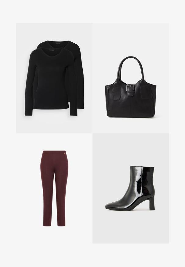 Due camicie a maniche lunghe nere con design a V, realizzate in tessuto morbido e elasticizzato, che mostrano una superficie liscia e una forma aderente.; Pantaloni elasticizzati color borgogna con una texture liscia, un design aderente e un semplice elastico in vita; presenta un dettaglio del logo minimalista.; Stivaletto in pelle verniciata nera con punta a punta e tacco a blocco di altezza media. Texture liscia e design minimalista.; Borsa tote in pelle nera con texture liscia, forma strutturata, due manici e un evidente dettaglio in fibbia argentata sul davanti.