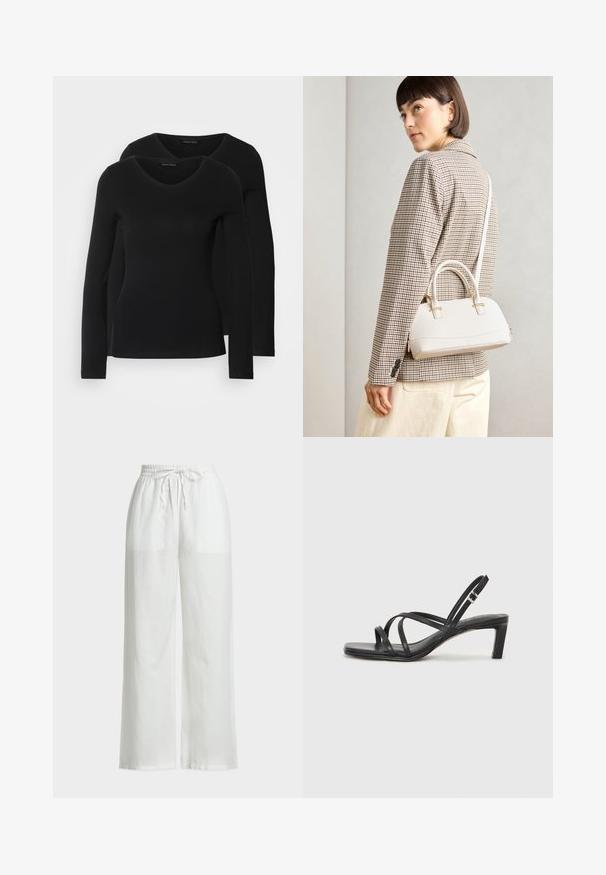 Two black long-sleeve shirts with a V-neck design, made of soft, stretchy fabric, showing smooth texture and a fitted shape.; White linen wide-leg pants with an elastic waistband and drawstring detail. Features a smooth texture and minimal design.; Black strappy sandal with a square toe and a low block heel. Features multiple thin straps and an adjustable ankle strap. Made of smooth leather.; White structured handbag with short handles and a shoulder strap, featuring gold hardware accents and textured material, displayed against a grey background.