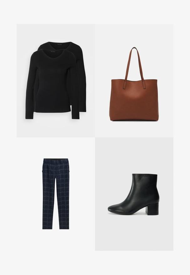 Twee zwarte longsleeve shirts met een V-hals ontwerp, gemaakt van zachte, rekbare stof, die een gladde textuur en een getailleerde vorm laten zien.; Marineblauwe slim-fit broeken met een witte raamruitprint, riemlussen en zijzakken, plat neergelegd op een witte achtergrond.; Zwarte leren enkellaarzen met een spitse neus en een chunky hak. Gladde textuur met minimale accenten en een slank, strakk ontwerp.; Bruine leren tote bag met een gladde textuur, een ontwerp met een open bovenkant en twee schouderbanden. Kenmerkt zich door minimale stiksels en geen zichtbare hardware.