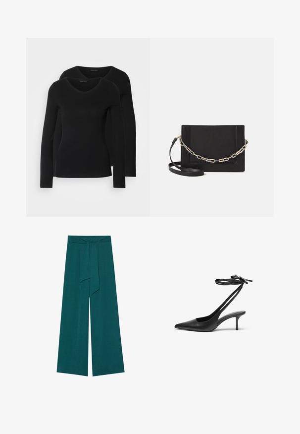 Twee zwarte longsleeve shirts met een V-hals ontwerp, gemaakt van zachte, rekbare stof, die een gladde textuur en een getailleerde vorm laten zien.; Wijdlopende broeken in een diepe teal kleur met een gestructureerde afwerking, voorzien van een gestrikte tailleband voor een verstelbare pasvorm en een vloeiende silhouet.; Zwarte leren stiletto-schoen met een spitse neus, open achterkant en enkelschoentjes die in een strik zijn geknoopt. Slanke 3-inch hak. Glad textuur, minimalistisch ontwerp.; Zwarte leren schoudertas met een gladde textuur, rechthoekige vorm en een metallic kettingdetail aan de voorkant. Verstelbare schouderband inbegrepen.