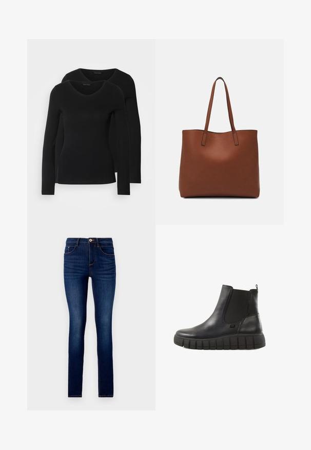 Dva crna majice dugih rukava s V-izrezom, izrađene od mekanog, rastezljivog materijala, s glatkom teksturom i prilagođenim oblikom.; Mršavi traperice u tamnoplavoj boji, s klasičnim dizajnom od pet džepova, kontrastnim narančastim šavovima i dugmetom za zatvaranje u struku.; Crne ankle čizme s sjajnom kožom, elastičnim bočnim panelima i debelim, teksturiranim gumeni potplat s horizontalnim utorima.; Smeđa kožna torba preko ramena s glatkom teksturom, otvorenim vrhom i dvjema naramenicama. Ima minimalne šavove i nema vidljivog hardvera.