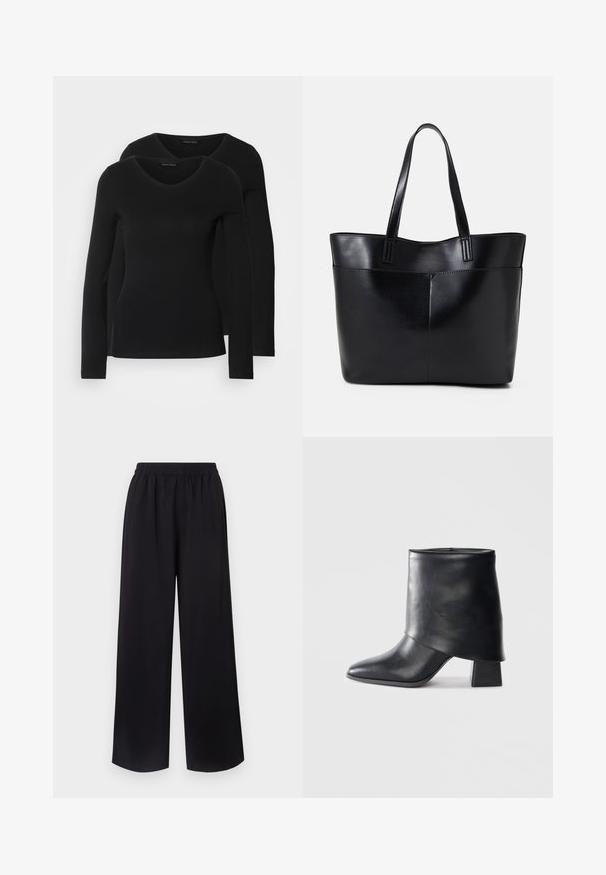 Deux chemises noires à manches longues avec un design en V, fabriquées en tissu doux et extensible, présentant une texture lisse et une silhouette ajustée.; Pantalon large noir avec une ceinture élastique, fabriqué dans un tissu léger et doux. Présente un design fluide sans motifs visibles.; Bottine en cuir noir à bout pointu, texture lisse et talon bloc structuré. Elle se distingue par un design de revers haut et plié.; Sac fourre-tout en cuir noir avec deux longues poignées, une texture lisse et une forme structurée. Dispose d'une poche avant pour un rangement supplémentaire.