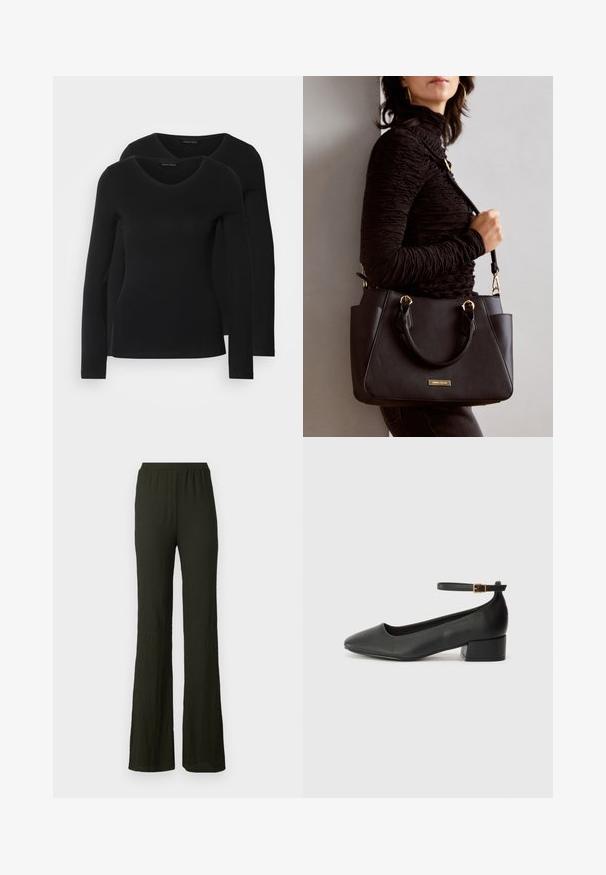 Kaks musta pika varrukaga särk, millel on V-kaelus ja mis on valmistatud pehmest ja venivast kangast, millel on sile tekstuur ja sobiv kuju.; Tumedat rohelised, tekstureeritud laiad püksid elastse vöökoha ja pehme kangaga. Laienev vorm. Ei ole nähtavaid kinnitusi ega taskuid.; Must mustaapp, millel on terav nina ja madal blokk-kand. Omab pahkluu rihma koos kuldse tooni pandlaga. Sile tekstuur.; Musthave must kott, millel on tekstuurne pind, kaks ülemist käepidet ja reguleeritav õlarihm. Omab kuldse tooni riistu ja külgtaskuid.