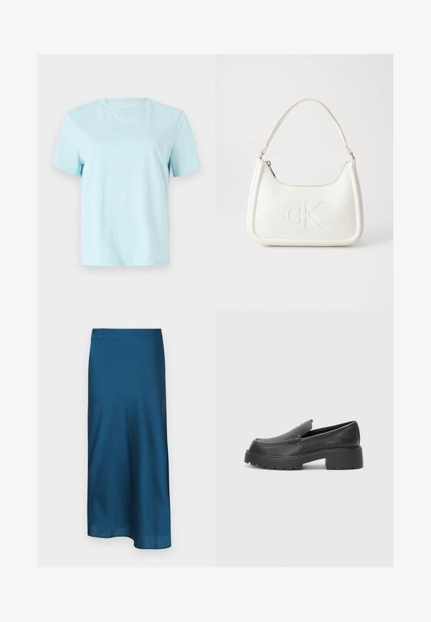 Lyseblå bomulls t-skjorte med korte ermer, rund hals og subtilt brodert 'Calvin Klein' logo foran.; Tyrkise satin midi skjørt med en jevn tekstur, lett glans, og buet kant. Har en sideslitt for ekstra bevegelse og pusteevne.; Sorte skinnloafers med rund tå, tykk teksturert såle og minimale sømdetaljer. Strømlinjeformet design uten synlige snørebånd eller hardvarer.; Hvit lærveske med en buet fasong, med et preget "CK"-logo på forsiden og en enkel skulderstropp. Glidelåslukking på toppen.