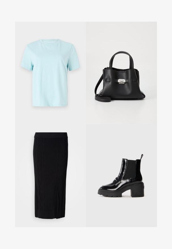 Lichtblauwe katoenen t-shirt met korte mouwen, een ronde hals en een subtiele geborduurde 'Calvin Klein' logo op de voorkant.; Zwarte gebreide midi-rok met een geribbelde textuur en diamantpatronen, en een zijsplits. Zacht materiaal met een aansluitende tailleband.; Zwarte gepatenteerde enkelboot met een chunky hak, elastische zijkanten, decoratieve riem en contrasterende stiksels. Gladde textuur met een glanzende afwerking.; Zwarte leren handtas met een gestructureerde afwerking, voorzien van twee handvatten, een verwijderbare schouderband en een zilveren sluiting.