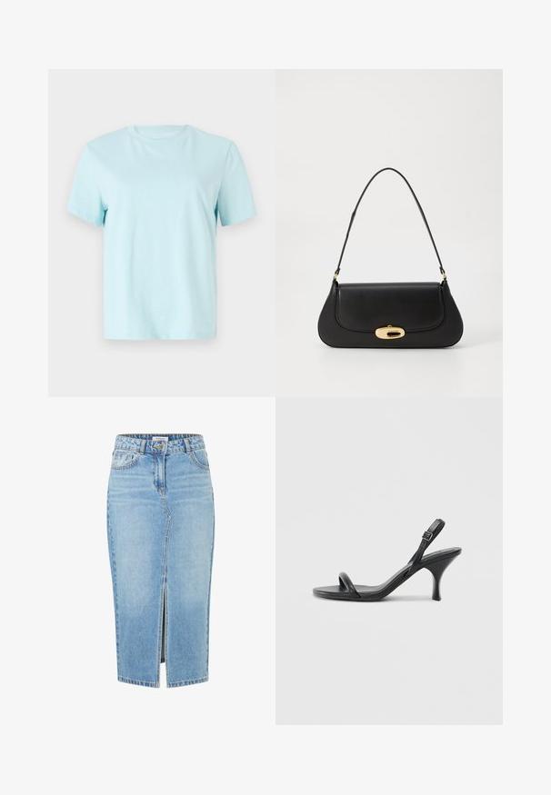 Ljusblå bomullströja med korta ärmar, rundad halsringning och subtilt broderad "Calvin Klein"-logotyp på framsidan.; Ljusblå denimkjol med rak skärning, främre slits, hällor för bälte och knäppning framtill. Har klassisk sömnad och fickor.; Svarta läder högklackade sandaler med en smal, böjd klack och ett korsat remdesign. Justerbar ankelrem. Slät textur.; Svart läderhandväska med en böjd design, hårdvara i guldton, och ett handtag ovanpå. Har en snygg stängning och en mjuk yta.