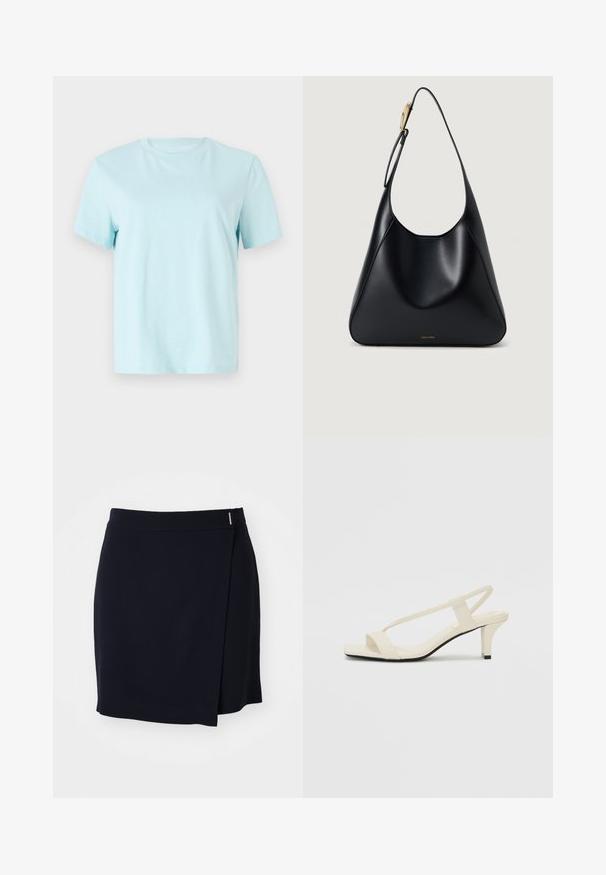 Svetlomodré bavlnené tričko s krátkymi rukávmi, okrúhlym výstrihom a jemným vyšitém logom 'Calvin Klein' na prednej strane.; Námořnická mini sukně wrap v hladkém materiálu se bočním rozparkem a malým kovovým akcentem na pásku. Čistý, minimalistický design.; Béžové sandále na blokovom podpätku s tenkými pásikmi a štvorcovou špičkou. Hladký materiál s minimálnym detailovaním, navrhnuté pre ľahké nosenie.; Čierna kožená taška cez rameno s hladkou textúrou, zakrivenou siluetou a zlatými kovovými akcentmi. Vytlačené logo značky sa nachádza na spodnej časti.