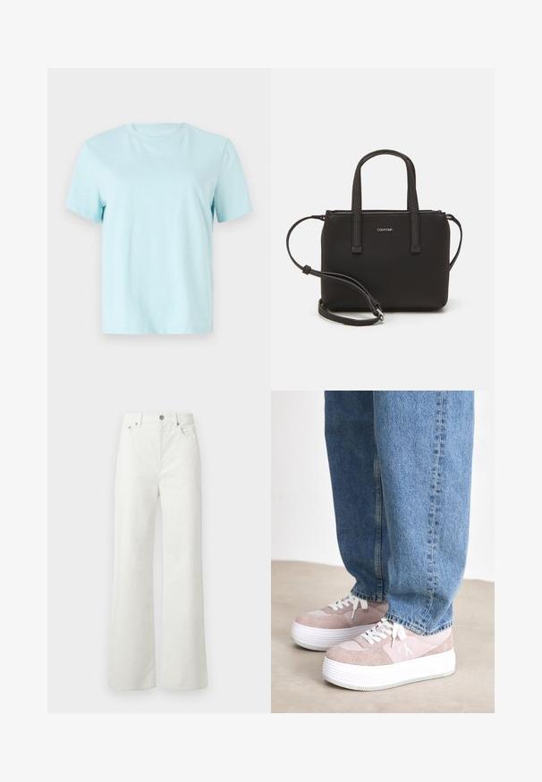 Hele sinine puuvillane t-särk lühikeste varrukatega, ümar kaelus ja ees peenelt tikitud 'Calvin Klein' logo.; Samsøe Samsøe SHELLY - Avar lõikega teksad - clear cream; Heledad roosad tossud, mis on valmistatud nubukist ja kangast, valge platvormi tald, ümmargune varvas ja nöörid, koos siniste teksadega.; Musthave mustrans vöö ja eemaldatav õlarihm. Gludike nahk siledaga, millel on tõmblukk ja logo detail.