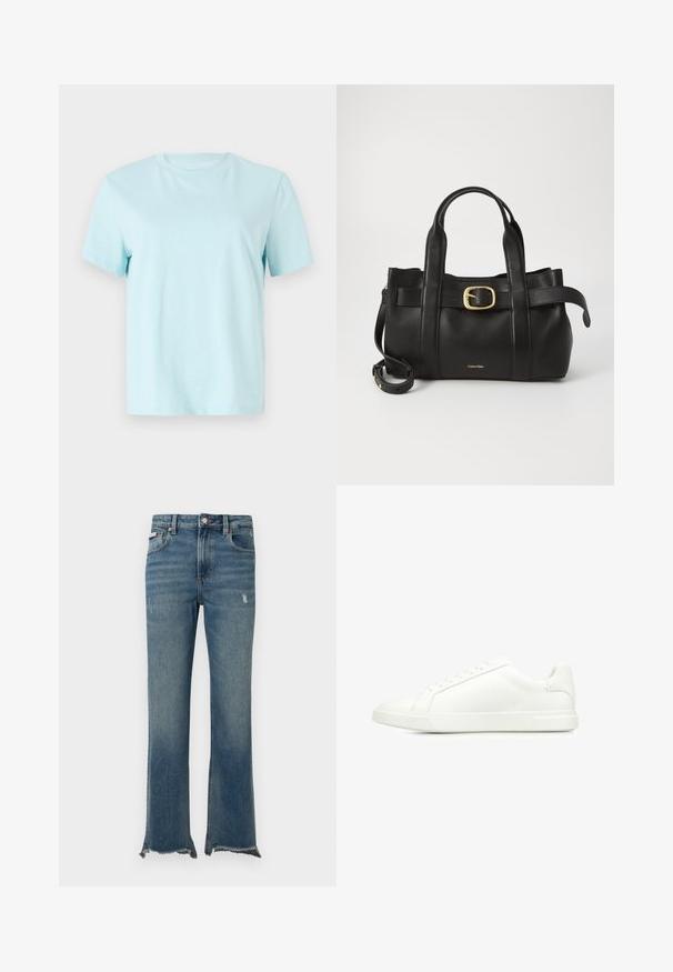 T-shirt en coton bleu clair avec des manches courtes, un col rond et un logo 'Calvin Klein' brodé discrètement à l'avant.; Jean en denim bleu avec légère usure, ourlets bruts effilochés, poches avant, passants pour ceinture et fermeture par bouton.; Des baskets en cuir blanc présentent une surface lisse, un design à profil bas, une pointe arrondie et une fermeture à lacets avec six œillets. Style minimaliste.; Sac à main en cuir noir présentant un design structuré, deux poignées supérieures, un accent de boucle en ton doré et un logo de la marque en relief à l'avant.