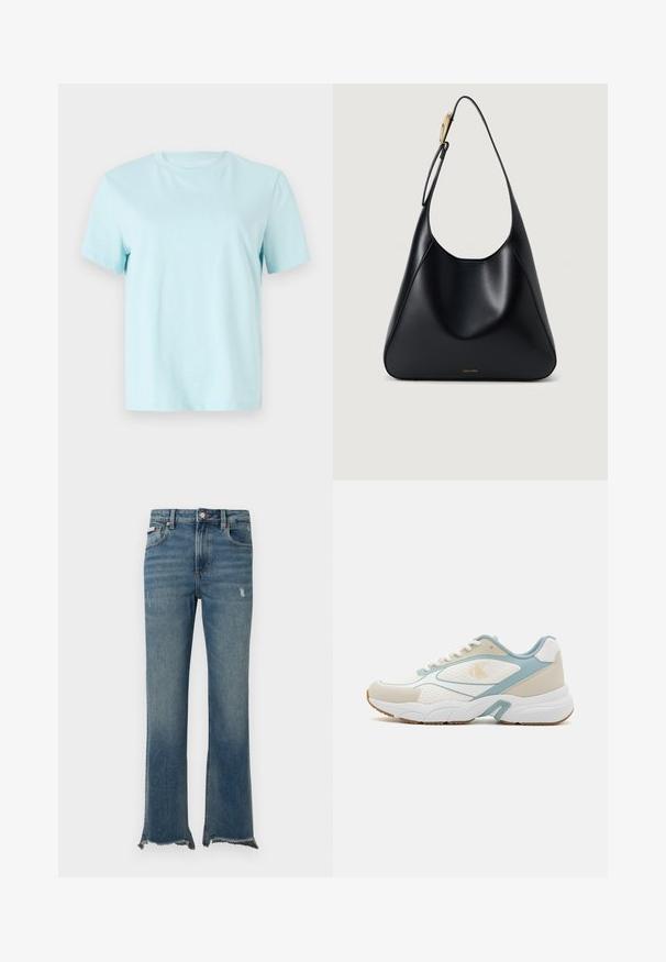 Světle modré bavlněné tričko s krátkými rukávy, kulatým výstřihem a jemně vyšitým logem 'Calvin Klein' na přední straně.; Modré džíny z denimu s mírným opráním, neupravenými třepenými lemy, předními kapsami, poutky na opasek a zapínáním na knoflík.; Bílé a světle modré tenisky z prodyšných a syntetických materiálů, s texturovanou podrážkou, zaobleným tvarem a vzorovanými akcenty.; Černá kožená kabelka přes rameno se hladkým povrchem, zakřiveným siluetou a zlatým kováním. Na spodní straně je vyražené logo značky.