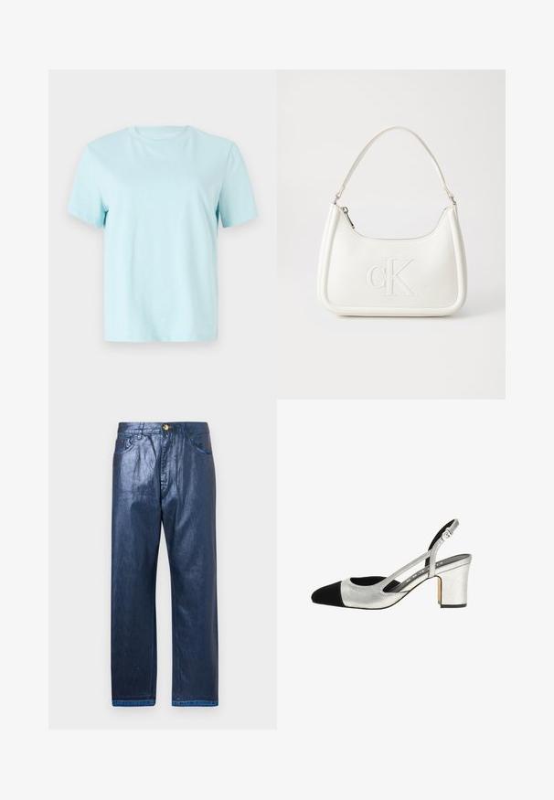 Hele sinine puuvillane t-särk lühikeste varrukatega, ümar kaelus ja ees peenelt tikitud 'Calvin Klein' logo.; Tumedat sinise tooni, läikivad teksapüksid sirge lõikega. Omab esit nupu sulgemist, vöökohal aasasid ning kahte eesmist taskut.; Hõbedased slingback kontsakingad musta kapaga, tekstuurse pealispinnaga ja plokknikaga. Omab lõikega külgi ja reguleeritavat rihma mugavaks sobivuseks.; Valge nahast käekott, millel on kumer kuju, esiküljel on reljeefne "CK" logo ja üks õlavarre rihm. Ülemine tõmblukkuu.