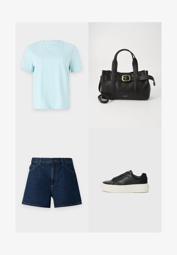 Svijetloplavi pamukasti majica s kratkim rukavima, okruglim izrezom i suptilnim izvezenim logotipom 'Calvin Klein' na prednjoj strani.; Traperice kratke hlače u tamnoplavoj boji s klasičnim krojem, s pet džepova, kopčanjem na dugme i suptilnim detaljima šivanja.; Crne kožne tenisice sa zaobljenim vrhom, bijelom platformom i crnim vezicama. Imaju suptilan logo na peti i glatku teksturu.; Crna kožna torba s strukturiranim dizajnom, dvostrukim gornjim ručkama, zlatnim kopčom kao naglaskom i utisnutim logotipom marke sprijeda.