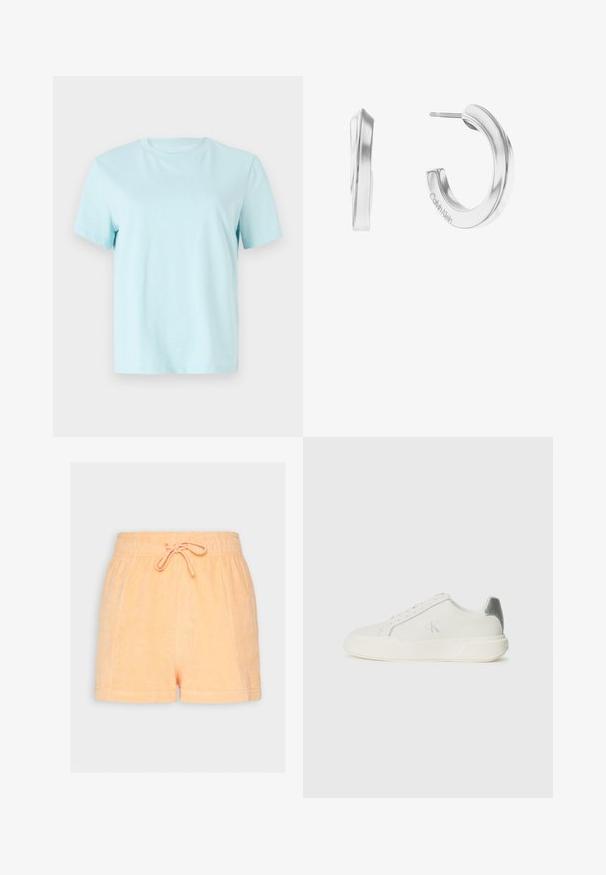 Lyseblå bomulls t-skjorte med korte ermer, rund hals og subtilt brodert 'Calvin Klein' logo foran.; Peachfargede terry shorts med elastisk liv og snøring. Har en myk tekstur og avslappet passform.; Hvit sneaker laget av lær med en jevn tekstur, med en sølv aksent på hælen, flat såle og minimalistisk design.; Sølv hoops øreringer med et glatt, buet design. Metallet er polert, med minimalistisk maskinvare og en subtil gravert logo.