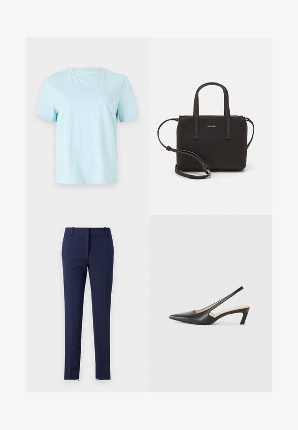 Svijetloplavi pamukasti majica s kratkim rukavima, okruglim izrezom i suptilnim izvezenim logotipom 'Calvin Klein' na prednjoj strani.; Mornarske hlače uskog kroja, izrađene od teksturirane tkanine. Imaju ravni prednji dio, petlje za remen i zatvarače na rubu za dodatan detalj.; Crne cipele s izduženim vrhom i remenom oko pete, s niskom petom, izrađene od glatke kože i s izrezbarenom stranom radi prozračnosti.; Crna torba s dva kratka ručka i uklonjivom naramenicom. Glatki materijal nalik koži s zatvaračem na zatvaranje i detaljem s logom.