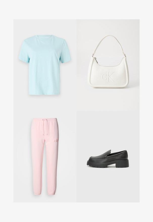 Lyseblå bomulls t-skjorte med korte ermer, rund hals og subtilt brodert 'Calvin Klein' logo foran.; Lyserosa joggebukse laget av myk stoff, med elastisk midjebånd med snor, smale mansjetter og subtil brodert logo-detalj.; Sorte skinnloafers med rund tå, tykk teksturert såle og minimale sømdetaljer. Strømlinjeformet design uten synlige snørebånd eller hardvarer.; Hvit lærveske med en buet fasong, med et preget "CK"-logo på forsiden og en enkel skulderstropp. Glidelåslukking på toppen.
