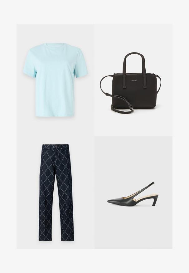 Hele sinine puuvillane t-särk lühikeste varrukatega, ümar kaelus ja ees peenelt tikitud 'Calvin Klein' logo.; Tumes denimist valmistatud teksased, millel on helesinine geomeetriline muster, sirge jala disain ja klassikaline viie tasku stiil.; Must mustaga, terav varvas, madala kontsaga sildiga king, mis on valmistatud siledast nahast ja mille küljel on lõike disain hingavuse tagamiseks.; Musthave mustrans vöö ja eemaldatav õlarihm. Gludike nahk siledaga, millel on tõmblukk ja logo detail.