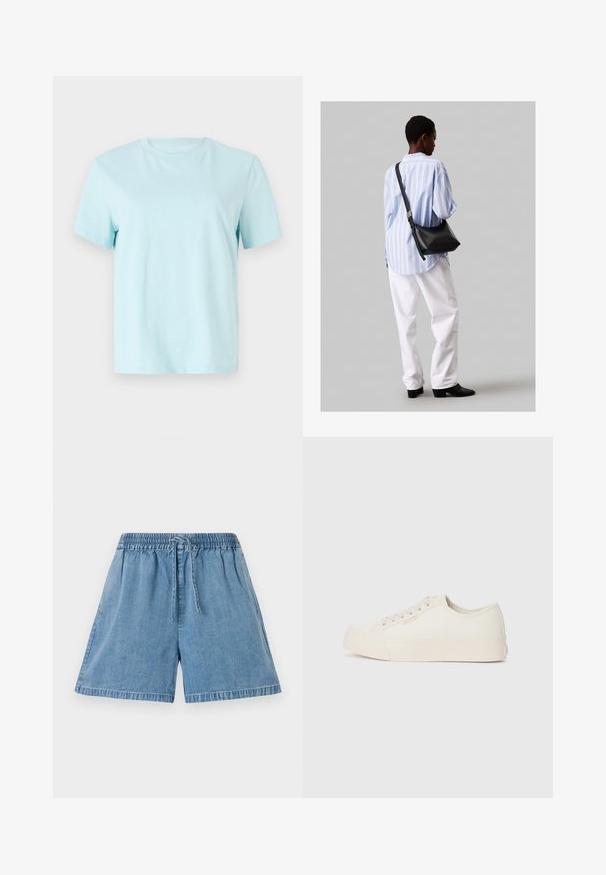 Svetlomodré bavlnené tričko s krátkymi rukávmi, okrúhlym výstrihom a jemným vyšitém logom 'Calvin Klein' na prednej strane.; Džínové šortky vo svetlomodrej farbe s elastickým pásom a šnúrkou. Majú bočné vrecká a voľný strih so zakončením šitým na stroji.; Tenisky vyrobené z off-white plátna, s nízkym strihom, okrúhlou špičkou a plochou gumovou podrážkou so jemným stehom.; Čierna kožená ramenná taška so mäkkou textúrou, trojuholníkovým tvarom a nastaviteľným popruhom, skombinovaná s svetlomodrou pruhovanou košeľou a bielymi nohavicami.