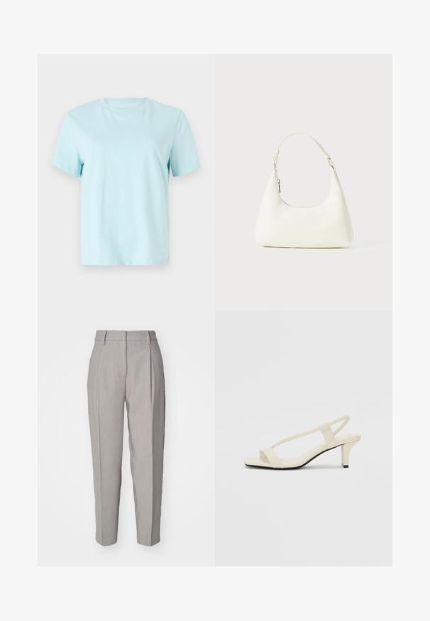 Lyseblå bomulds-t-shirt med korte ærmer, rund hals og diskret 'Calvin Klein' broderet logo på forsiden.; Lys grå skræddersyede bukser med en glat tekstur, plisseret front og lige ben-design. Har bæltestropper og en poleret finish.; Beige blokhælede sandaler med tynde remme og en firkantet tå. Glat materiale med minimal detaljering, designet til nem brug.; Lille hvid skuldertaske med en enkelt justerbar rem og en lynlåslukning, sat mod en ensfarvet hvid baggrund.
