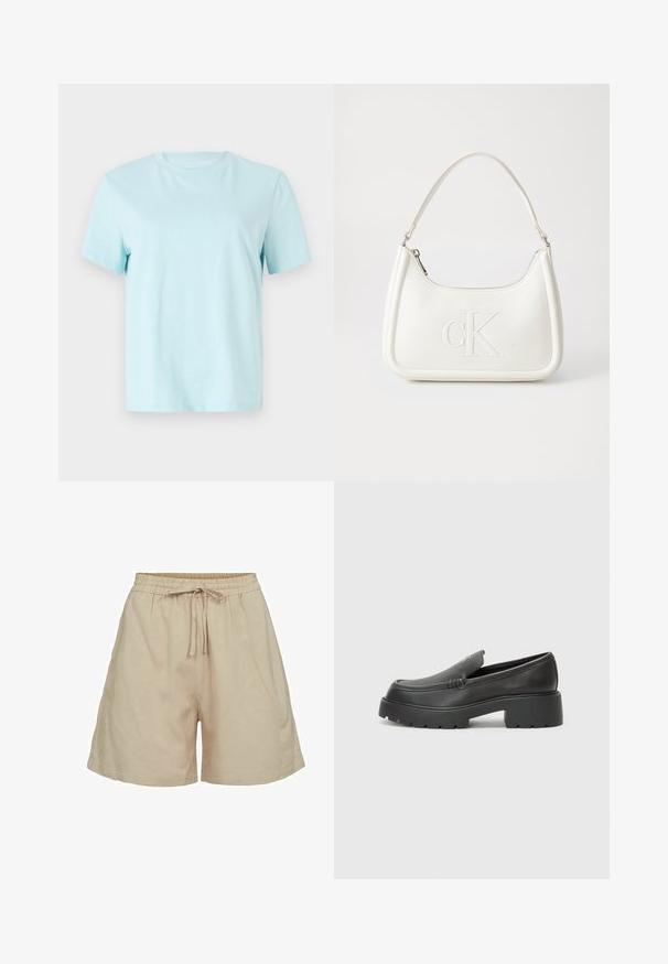 Ljusblå bomullströja med korta ärmar, rundad halsringning och subtilt broderad "Calvin Klein"-logotyp på framsidan.; Beige, lätta tygshorts med elastisk midja och dragsko. Har en avslappnad passform och sidofickor. Mjuk textur.; Svarta läderloafers med rund tå, tjockt strukturerat såle och minimala sömnadsdetaljer. Snygg design utan synliga snören eller beslag.; Vit läderhandväska med en böjd form, som har en präglad "CK"-logotyp på framsidan och ett enda axelband. Dragkedjestängning upptill.