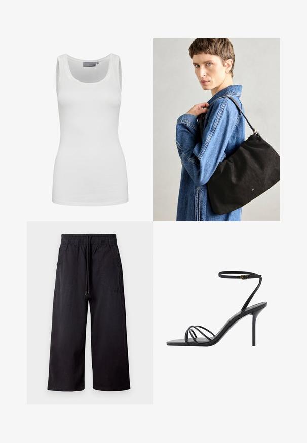 Bílý top bez rukávů vyrobený z měkké, elasticitní látky s kulatým výstřihem a úzkými ramínky. Má hladký povrch a přiléhavý střih.; Černé široké kalhoty vyrobené z bavlny, s elastickým pasem na šňůrku, dvěma bočními kapsami a hladkým matným povrchem.; Černé sandály na vysokém podpatku s tenkým páskem kolem kotníku, více zkříženými pásky přes chodidlo a elegantním čtvercovým špičatým designem.; Černá semišová kabelka s měkkým, strukturovaným tvarem, která má štíhlý kožený popruh a nenápadné logo značky. Model má na sobě džínovou bundu.