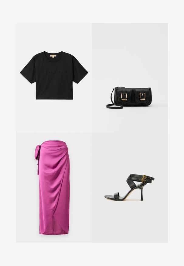 Svart cropped t-skjorte laget av bomull. Har rund hals og korte ermer. "MICHAEL KORS" brodert i matchende farge foran.; Rosa innpakningsskjørt med sidesløyfe, featuring drapert stoff, glatt tekstur og asymmetrisk søm. Lett materiale med en flytende design.; Svarte hælsandaler med kryssende stropper og justerbar spenne. Har en jevn tekstur og avsmalnende stilettoklakk.; Svart skinn crossbody veske med to frontlommer, gyldne spenner, glidelåslukking og en slank stropp. Teksturert overflate og kompakt rektangulær form.