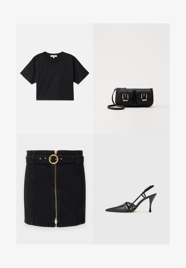 Zwart cropped t-shirt van katoen. Voorzien van een ronde hals en korte mouwen. "MICHAEL KORS" geborduurd in een bijpassende kleur op de voorkant.; Zwarte denimrok met een gouden ronde riemgesp, voorrits en riemlussen. Heeft een aansluitend ontwerp en een rechte zoom.; Zwarte leren hoge hak slingback schoen met spitse neus, crisscross bandontwerp en slanke stilettohak. Smooth textuur en minimale accenten.; Zwarte leren schoudertas met twee vo pockets, gouden gespen, ritsluiting en een smalle band. Tekstuur oppervlak en compacte rechthoekige vorm.