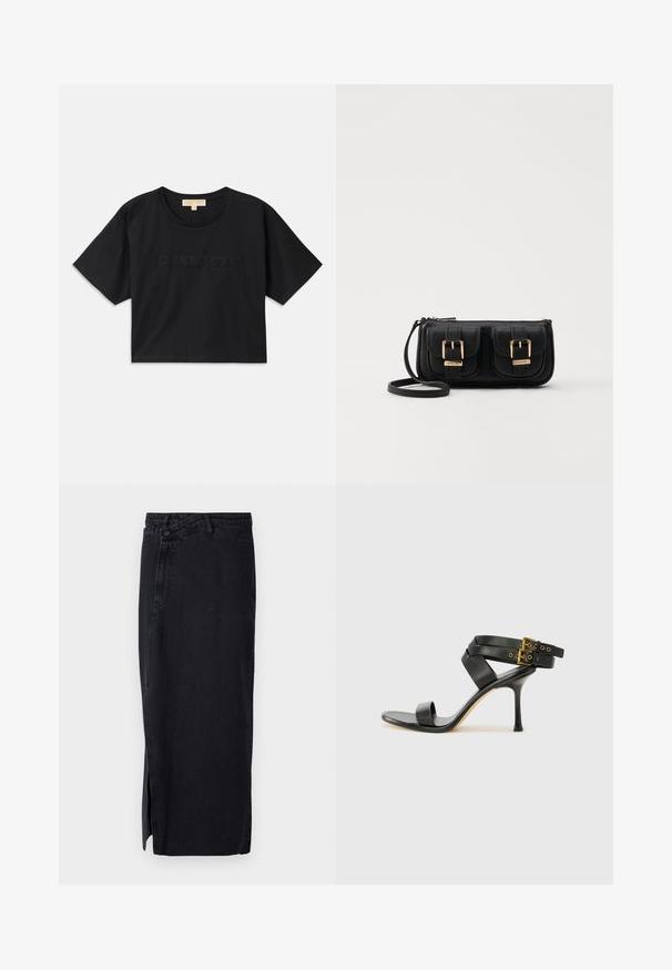 Must have mustakroot särk, mis on valmistatud puuvillast. Omab ümmargust kaelust ja lühikesi varrukaid. Ees on sama värviga tikitud "MICHAEL KORS".; Mustmustest mustrippu kõrge talje, külgselle lõhikuga ja klassikalise viie taskuga disain. Sile tekstuur ja sirge siluett.; Mustad mustand koos ristatud rihmade ja reguleeritava pandlaga. Omab siledat tekstuuri ja kitsenevat stiletto kontsa.; Must küllastamata nahast õlakott, millel on kaks esist nähtavat taskut, kuldsed pandlad, tõmblukuga sulgemine ja peen rihm. Tekstuuriga pind ja kompaktne ristkülikukujuline kuju.