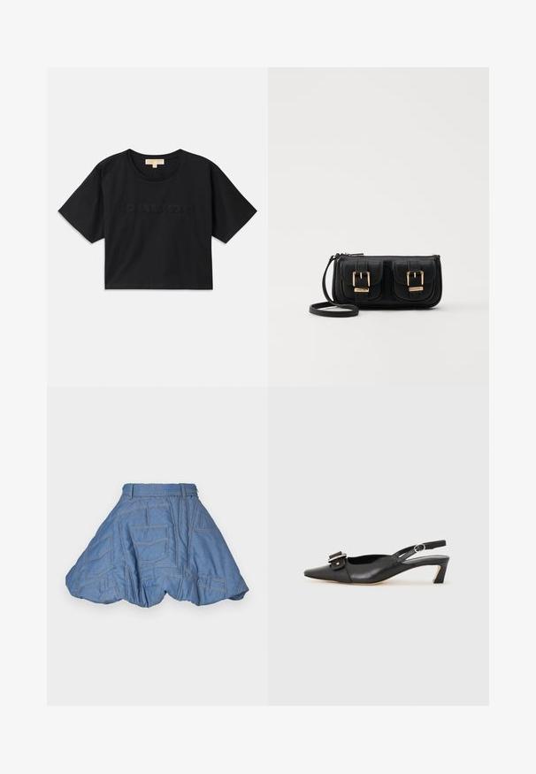 Mustat lyhyet hihatsiyhdistelmät, jotka on valmistettu puuvillasta. Pyöreä pääntie ja lyhyet hihat. "MICHAEL KORS" brodeerattu samansävyisenä eteen.; Ksenia Schnaider QUILTED MINI SKIRT - Minihame - light blue; Musta nahkainen slingback-kengät terävällä kärjellä, pienellä korolla ja koristeellisella solkikuvioinnilla yläosassa. Sujuva pinta, minimalistinen muotoilu.; Musta nahkainen olkalaukku, jossa on kaksi etutaskua, kultaiset soljet, vetoketjukiinnitys ja kapea hihna. Teksturoidun pinnan ja kompaktin suorakaiteen muoto.
