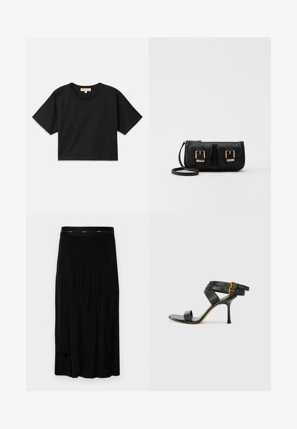 Černé zkrácené tričko vyrobené z bavlny. Obsahuje kulatý výstřih a krátké rukávy. "MICHAEL KORS" vyšitý v odpovídající barvě na přední straně.; Černá midi sukně s plisováním, hladkou texturou a širokým páskem s jemným logem značky. Jednoduchý design a délka až k podlaze.; Černé sandály na podpatku s kříženými popruhy a nastavitelnou sponou. Mají hladký povrch a špičatý stiletto podpatek.; Černá kožená crossbody taška se dvěma předními kapsami, zlatými přezkami, zipovým uzávěrem a štíhlým popruhem. Texturovaný povrch a kompaktní obdélníkový tvar.