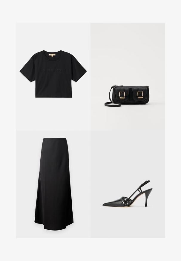 Black cropped t-shirt made of cotton. Features round neckline and short sleeves. "MICHAEL KORS" embroidered in matching color on the front.; Black midi skirt with a smooth texture, designed with a high waist and a side slit, featuring a simple, unembellished silhouette.; Black leather high-heeled slingback shoe with pointed toe, crisscross strap design, and slim stiletto heel. Smooth texture and minimal accents.; Black leather crossbody bag with two front pockets, gold buckles, zipper closure, and a slim strap. Textured surface and compact rectangular shape.