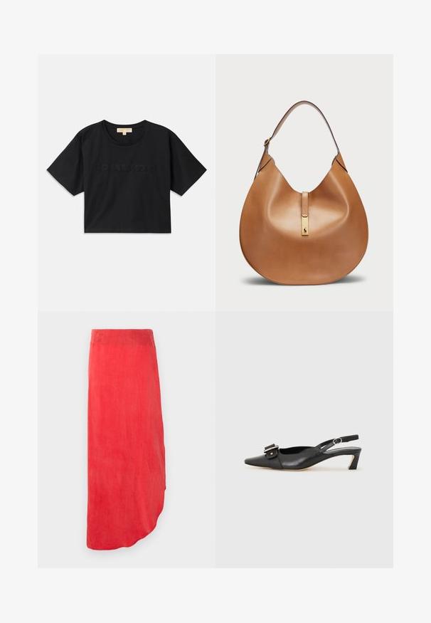 Tricou scurt negru din bumbac. Are guler rotund și mâneci scurte. "MICHAEL KORS" brodat în aceeași culoare pe față.; Fustă roșie, până la glezne, dintr-un material fin și ușor. Are un tiv curbat și o culoare solidă, fără modele vizibile sau embellishments.; Pantofii negri din piele cu toc mic, vârf ascuțit și detaliu decorativ cu cataramă pe partea superioară. Textură netedă, design minimal.; Geantă din piele de culoare tan, cu o formă curbată și o curea lată pentru umăr. Se evidențiază printr-un accent metalic auriu în centru și o textură netedă.