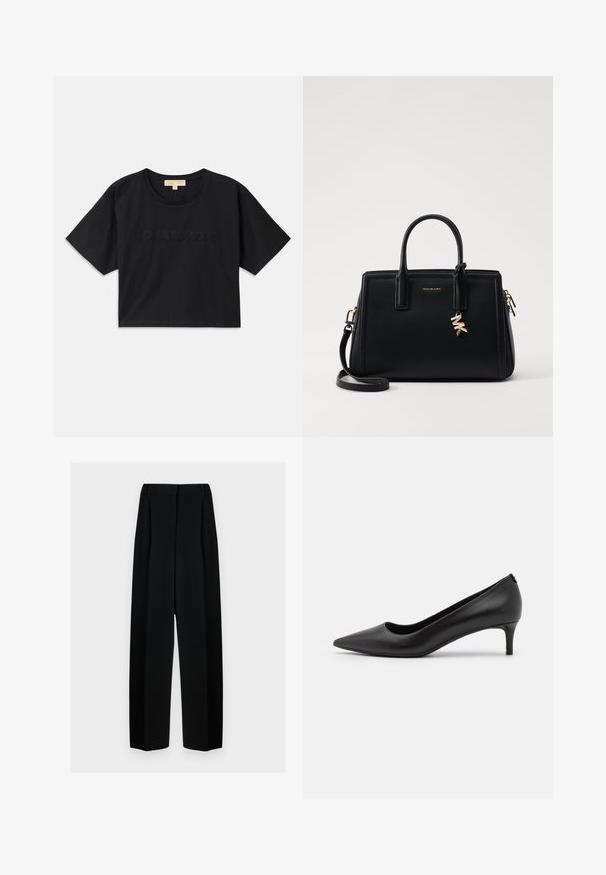 Camiseta cropped preta feita de algodão. Possui decote redondo e mangas curtas. "MICHAEL KORS" bordado na mesma cor na frente.; Calças largas pretas com uma cintura alta, apresentando pregas e uma textura suave. O tecido parece leve e cai elegantemente.; Sapata de salto baixo em couro preto com bico pontiagudo. Textura suave, design elegante e detalhes subtis no salto.; Malinha de couro preta com design estruturado, duas alças superiores, alça de ombro destacável, ferragens douradas e um charme com logótipo como destaque.