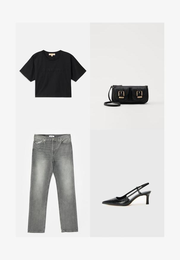 Camiseta corta negra de algodón. Presenta cuello redondo y mangas cortas. "MICHAEL KORS" bordado en color a juego en la parte frontal.; RE/DONE EASY - Vaqueros rectos - grigio; Tacón slingback negro de charol con punta afilada, que presenta un estampado de serpiente texturizado, correa ajustable y un tacón bloque corto y texturizado.; Bolso cruzado de cuero negro con dos bolsillos frontales, hebillas doradas, cierre de cremallera y una correa delgada. Superficie texturizada y forma rectangular compacta.