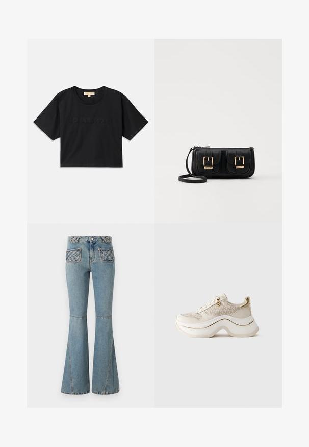 Črna skrajšana majica kratkih rokavov iz bombaža. Ima okroglo izrez in kratke rokave. Na sprednji strani je izšito ime "MICHAEL KORS" v usklajeni barvi.; Svetlo modri flared jeans iz denima z pletenim pasom in vzorčastimi žepi. Imajo prilegajoč pas in široke hlačnice.; Bež in zlati platformni športni copat z vzorcem "MK", zvezanjem spredaj, zlatim obeskom in debelim valovitým podplatom na enobarvnem ozadju.; Črna usnjena torbica čez ramo z dvema sprednjima žepoma, zlatimi zaponkami, zadrgo in ozkim pasom. Tekstura površine je strukturirana, obliko pa ima kompaktno pravokotno.