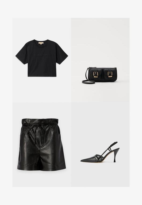 Črna skrajšana majica kratkih rokavov iz bombaža. Ima okroglo izrez in kratke rokave. Na sprednji strani je izšito ime "MICHAEL KORS" v usklajeni barvi.; Črne usnjene kratke hlače z visokim pasom, z vrvico za zategovanje in stranskimi žepi. S sijočo površino in vidnimi šivi.; Črne usnjene visokoodporne čevlje s peto in koničastim prstom, zasnovo križnega traku in vitko stileto peto. Gladka tekstura in minimalni poudarki.; Črna usnjena torbica čez ramo z dvema sprednjima žepoma, zlatimi zaponkami, zadrgo in ozkim pasom. Tekstura površine je strukturirana, obliko pa ima kompaktno pravokotno.