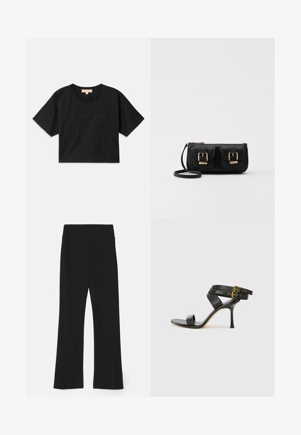Zwart cropped t-shirt van katoen. Voorzien van een ronde hals en korte mouwen. "MICHAEL KORS" geborduurd in een bijpassende kleur op de voorkant.; Zwarte flare leggings met een hoge tailleband, gemaakt van rekbaar materiaal. Gladde textuur zonder zichtbare patronen of hardware-details.; Zwarte hoge hak sandaal met gekruiste bandjes en verstelbare gespsluiting. Heeft een gladde textuur en een taps toelopende stilettohak.; Zwarte leren schoudertas met twee vo pockets, gouden gespen, ritsluiting en een smalle band. Tekstuur oppervlak en compacte rechthoekige vorm.