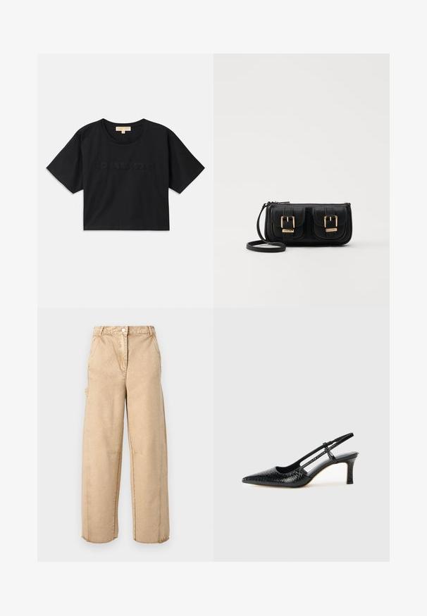 Juoda trumpa medvilninė marškinėliai. Suapvalintas iškirpimas ir trumpomis rankovėmis. "MICHAEL KORS" išsiuvinėta atitinkamos spalvos priekyje.; Šviesiai rudos pločio kojos kelnės su mygtuko uždarymu, dviem šoninėm kišenėm, nežymiais dėvėjimo žymenimis ir sušalusiomis pakraštėmis. Pagamintos iš minkštos, tekstūruotos medžiagos.; Juodai lakuoti slingback aukštakulniai su smailiu nosiu, su tekstūruotu gyvatės raštu, reguliuojama juosta ir trumpu, tekstūruotu blokiniu kulnu.; Juodas odinis per petį nešiojamas krepšys su dviem priekiniais kišenėmis, auksiniais sagtimis, užtrauktuko uždarymu ir siauromis petnešomis. Textūruota paviršius ir kompaktiškas stačiakampis formatas.