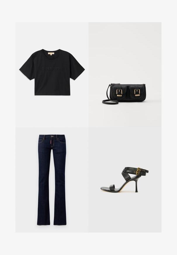 Must have mustakroot särk, mis on valmistatud puuvillast. Omab ümmargust kaelust ja lühikesi varrukaid. Ees on sama värviga tikitud "MICHAEL KORS".; Tumedat sinised denim laiad püksid, standardse viie tasku disainiga, nähtavate õmbluste üksikasjadega ja nupukinnitusega vööl.; Mustad mustand koos ristatud rihmade ja reguleeritava pandlaga. Omab siledat tekstuuri ja kitsenevat stiletto kontsa.; Must küllastamata nahast õlakott, millel on kaks esist nähtavat taskut, kuldsed pandlad, tõmblukuga sulgemine ja peen rihm. Tekstuuriga pind ja kompaktne ristkülikukujuline kuju.