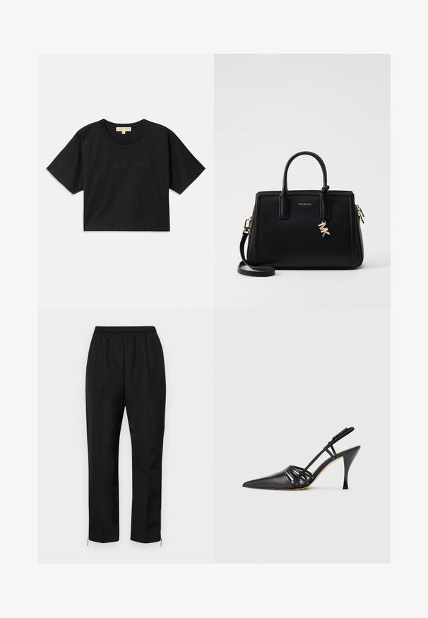 Svart kortärmad t-shirt av bomull. Har rund halsringning och korta ärmar. "MICHAEL KORS" broderad i matchande färg framtill.; Svarta byxor med elastisk midja, raka ben och dragkedjor vid anklarna. Tyget har en slät textur och en minimalistisk design.; Svart läder högklackad slingback-sko med spetsig tå, korsande remdesign och smal stilettklack. Slät textur och minimala accenter.; Svart läderhandväska med strukturerad design, dubbla handtag ovanpå, avtagbar axelrem, guldfärgade detaljer och en logocharm som accent.